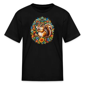 Cute Autumn Squirrel Floral Mandala Art - Kid's T-Shirt - black - Front