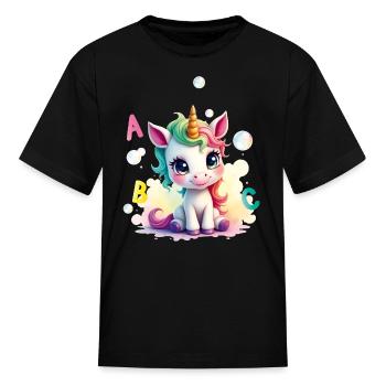 Cute unicorn with soap bubbles and ABC letters  - Kid's T-Shirt - black - Front