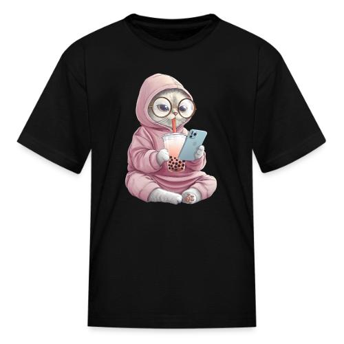 Cool Cat Bubble Tea Cartoon Design - Kid's T-Shirt