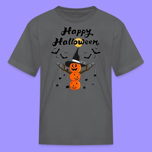 Pumpkin Snowman | Happy Halloween Tree and Spiders - Kid's T-Shirt