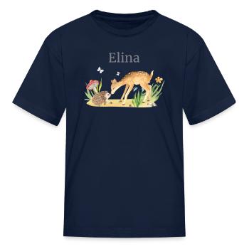 Forest Animal Deer Hedgehog Flowers Name Elina - Kid's T-Shirt - navy - Front