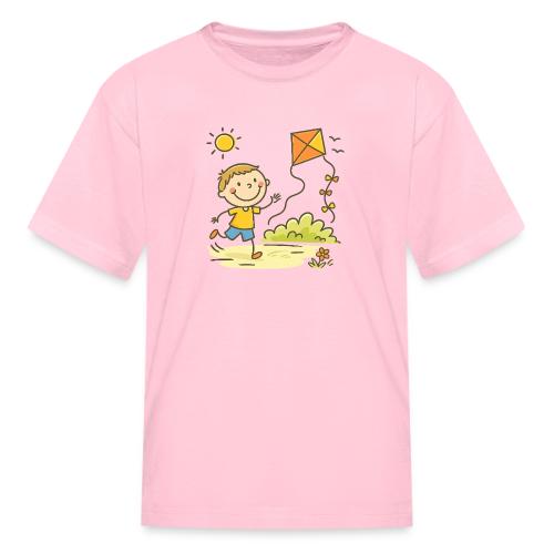 Happy Boy Flying Kite Cartoon T-Shirt - Kid's T-Shirt