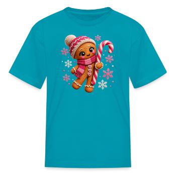 Cute Gingerbread Pink Candy Cane Christmas Girls - Kid's T-Shirt - turquoise - Front