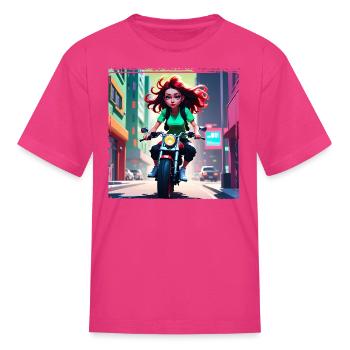 AI Girl on Streetbike in City - Trendy Girl Shirts - Kid's T-Shirt - fuchsia - Front