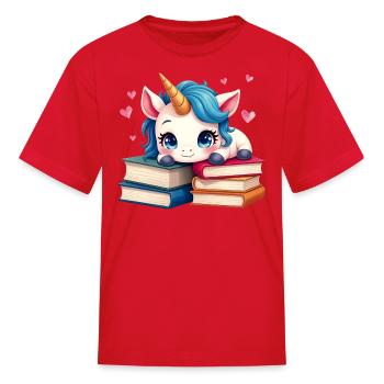 Cute white unicorn with books and pink hearts  - Kid's T-Shirt - red - Front