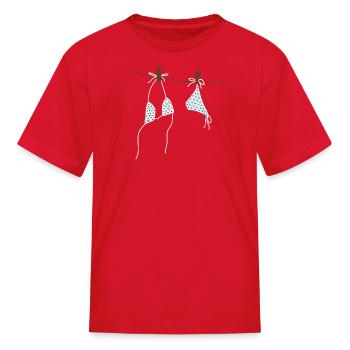 Blue Polka Dot Bikini on Washing Line - Kid's T-Shirt - red - Front