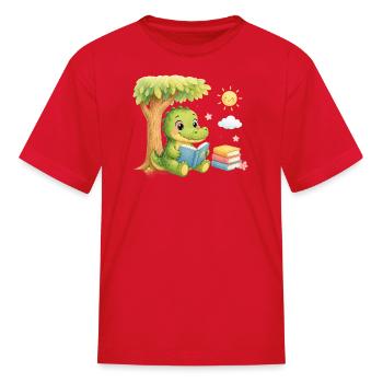 Dino Reading Under Tree - Kid's T-Shirt - red - Front