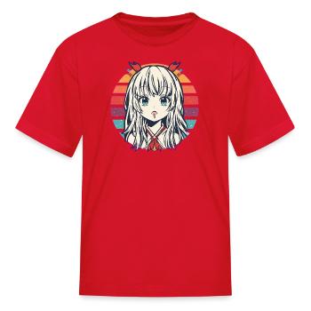 Retro Neon Anime Girl in Sunset Stripes - Kid's T-Shirt - red - Front