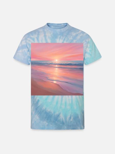 Pink Sunset Ocean Scene - Unisex Tie Dye T-Shirt - blue lagoon