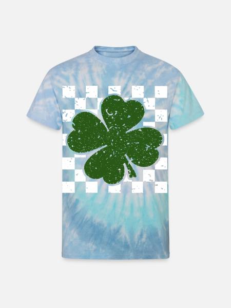 Emerald FourLeaf Clover on Checkerboard - Unisex Tie Dye T-Shirt - blue lagoon