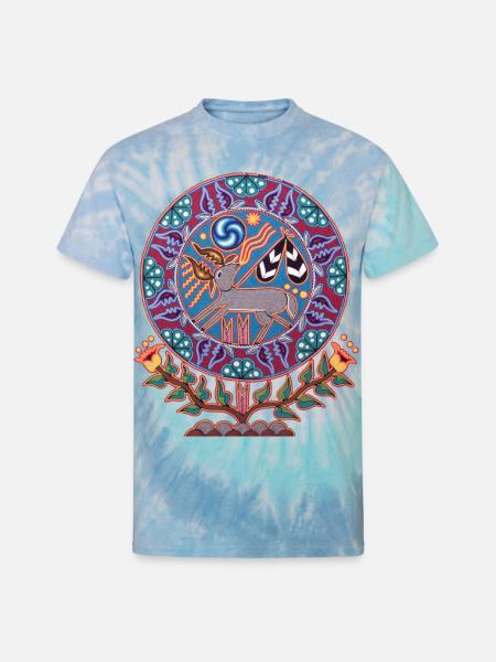 Native Huichol Peyote Deer - Unisex Tie Dye T-Shirt - blue lagoon