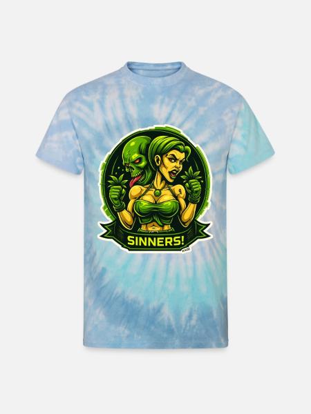 Sinners! Green Femme vs Demon - Unisex Tie Dye T-Shirt - blue lagoon
