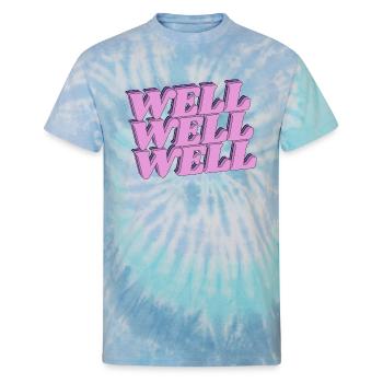 "Well Well Well" Vintage Purple Sticker Design - Unisex Tie Dye T-Shirt - blue lagoon - Front