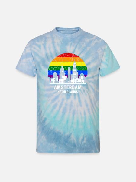 Amsterdam Skyline Rainbow Illustration - Unisex Tie Dye T-Shirt - blue lagoon