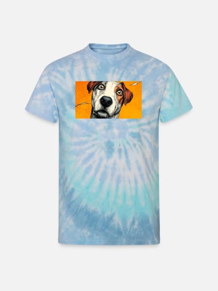 Surprised Pup Pop Portrait - Unisex Tie Dye T-Shirt - blue lagoon