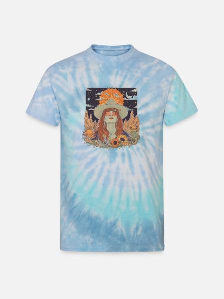 Mystic Sunflower Dreamer Illustration - Unisex Tie Dye T-Shirt - blue lagoon