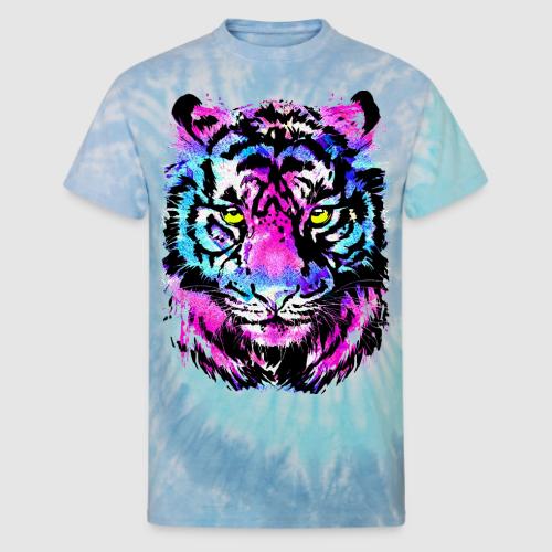 Neon Pink Tiger Head Portrait Drawing - Blue Tiger - Unisex Tie Dye T-Shirt