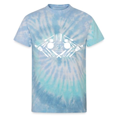 50th Anniversary Utensils - White Font - Unisex Tie Dye T-Shirt