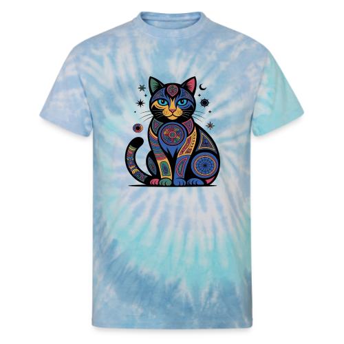 Vibrant Geometric Cat Mandala - Unisex Tie Dye T-Shirt