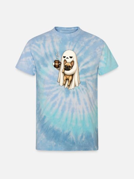 Meh Ghost Sips Coffee with Pug - Unisex Tie Dye T-Shirt - blue lagoon