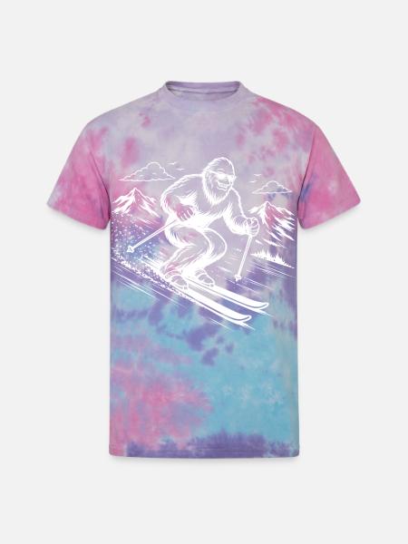 Bigfoot Sasquatch Skier in the Mountains - Unisex Tie Dye T-Shirt - cotton candy