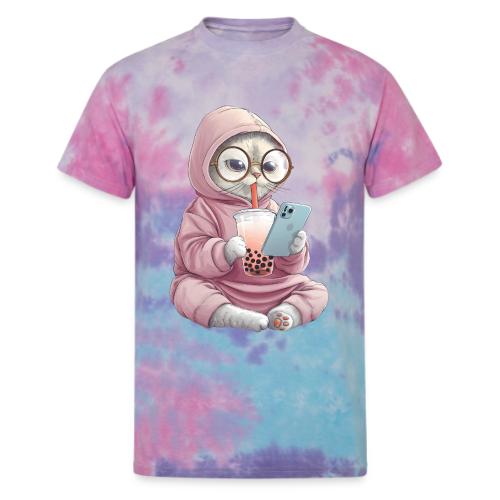 Cool Cat Bubble Tea Cartoon Design - Unisex Tie Dye T-Shirt