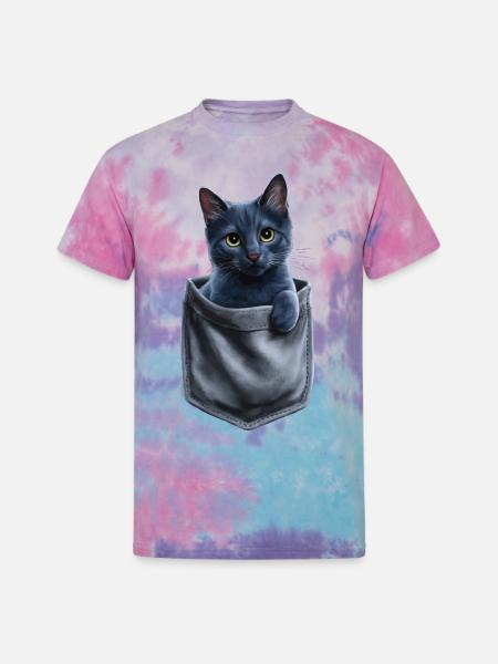 Russian Blue Cat In Pocket - Unisex Tie Dye T-Shirt - cotton candy