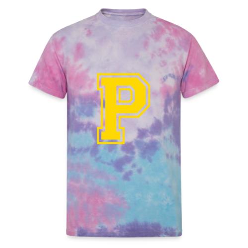 Letter P – Capital Athletic Alphabet Monogram - Unisex Tie Dye T-Shirt
