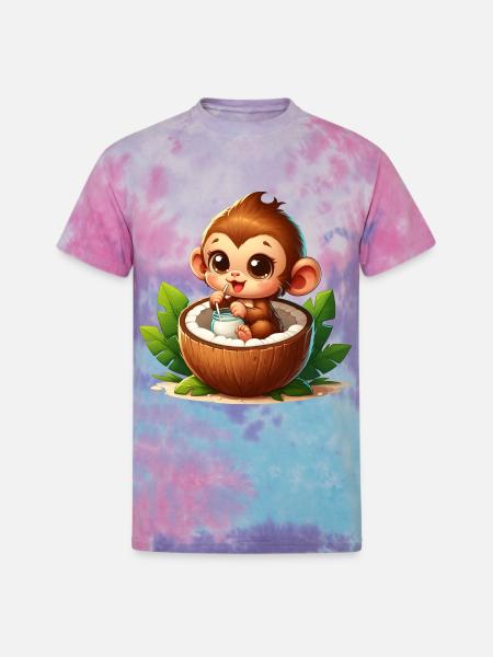 Monkey Relaxing Inside Coconut - Unisex Tie Dye T-Shirt - cotton candy