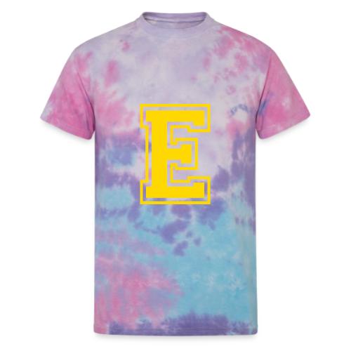 Letter E – Capital Athletic Alphabet Monogram - Unisex Tie Dye T-Shirt