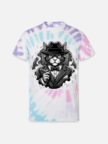 Noir Cat Gangster in Suit - Unisex Tie Dye T-Shirt - Pastel Spiral