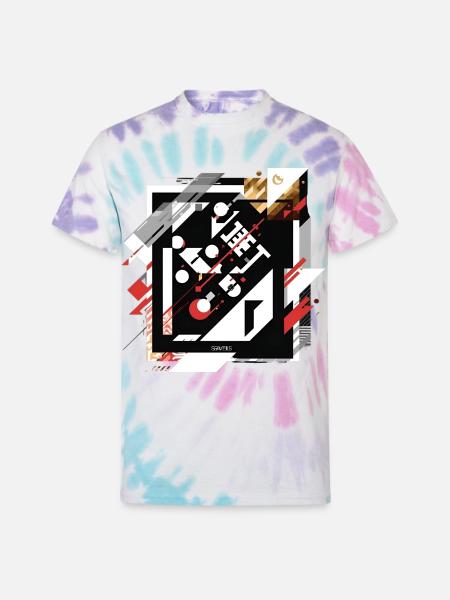 Geometric Grid Collage on Black - Unisex Tie Dye T-Shirt - Pastel Spiral