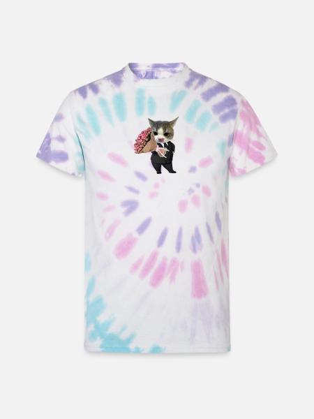 Cat in Suit with Bouquet - Unisex Tie Dye T-Shirt - Pastel Spiral