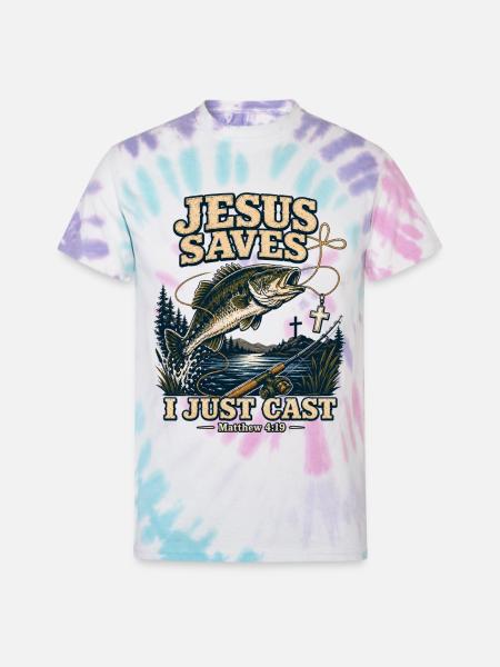 Jesus Saves I Just Cast Christian Fishing - Unisex Tie Dye T-Shirt - Pastel Spiral