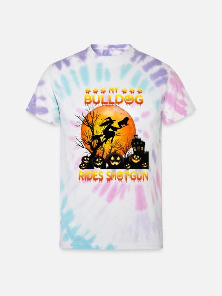My Bulldog Riding Broom - Unisex Tie Dye T-Shirt - Pastel Spiral