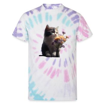 cat gives flowers - Unisex Tie Dye T-Shirt - Pastel Spiral - Front