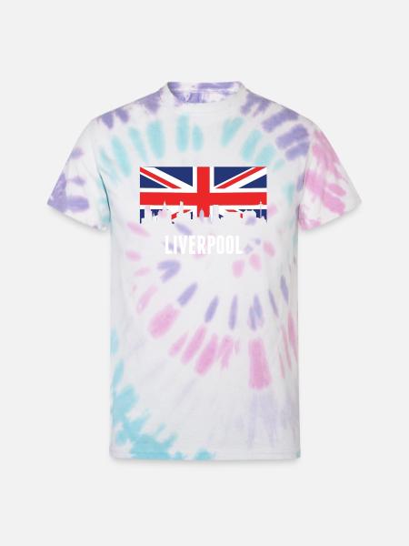 British Flag Liverpool Skyline - Unisex Tie Dye T-Shirt - Pastel Spiral