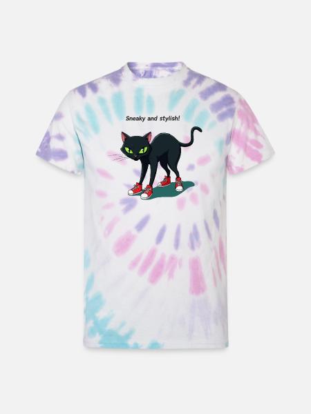 Midnight Cat in Red Sneakers - Unisex Tie Dye T-Shirt - Pastel Spiral