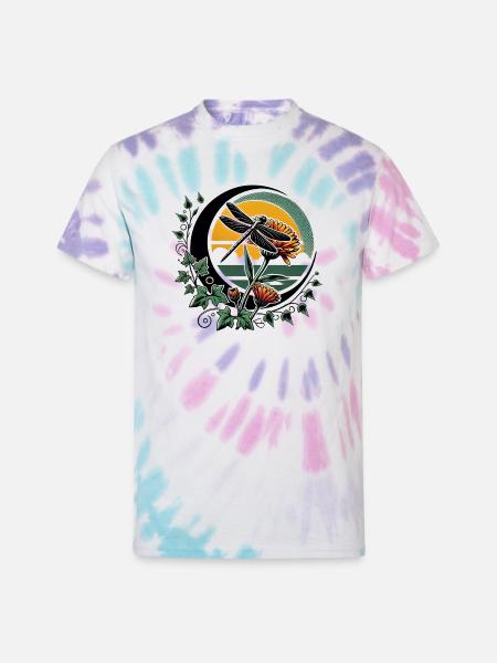 Moonlit Dragonfly & Sunflowers - Unisex Tie Dye T-Shirt - Pastel Spiral
