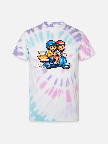 Boy and Girl on Vespa with Pizza! - Unisex Tie Dye T-Shirt - Pastel Spiral