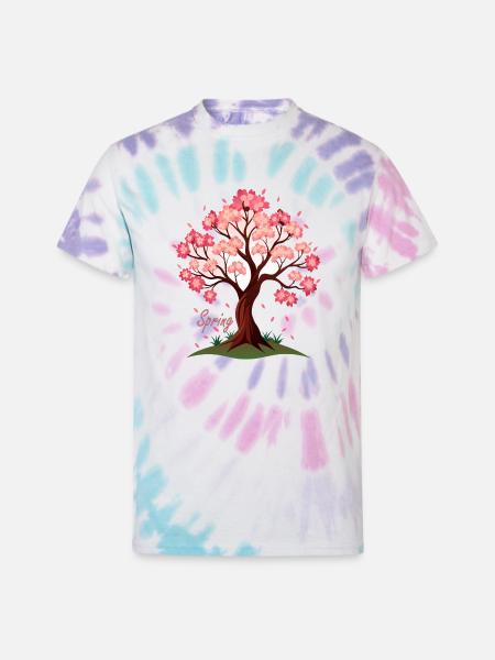 Sakura,Cherry Blossoms Spring Illustration - Unisex Tie Dye T-Shirt - Pastel Spiral