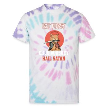 Eat Pussy Chug Whiskey Hail Satan Black Cat Satan - Unisex Tie Dye T-Shirt - Pastel Spiral - Front