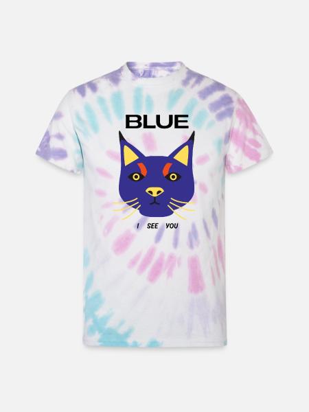 Blue Cat Face Pop Art - Unisex Tie Dye T-Shirt - Pastel Spiral