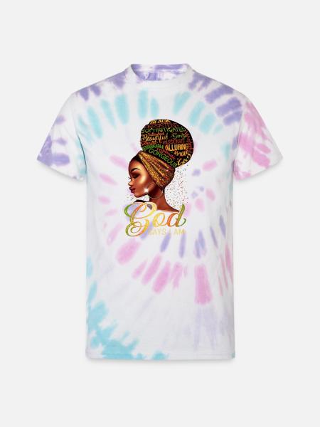 God Says I Am Afro Queen - Unisex Tie Dye T-Shirt - Pastel Spiral
