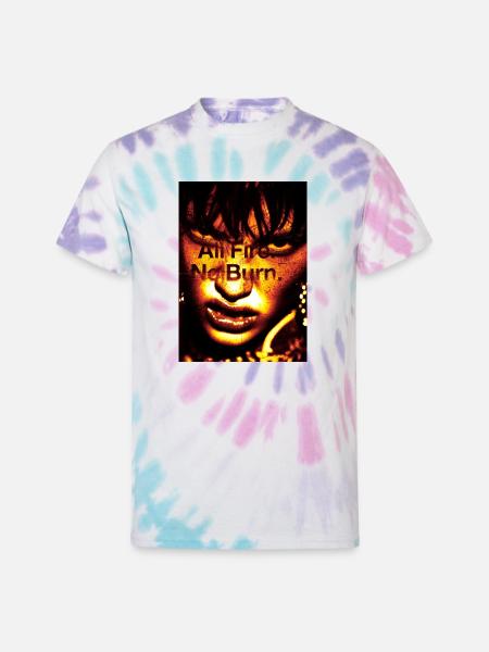 Inferno Portrait: Bold Text Overlay - Unisex Tie Dye T-Shirt - Pastel Spiral