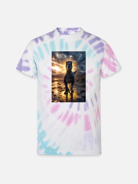 Dino at Sunset Shore - Unisex Tie Dye T-Shirt - Pastel Spiral