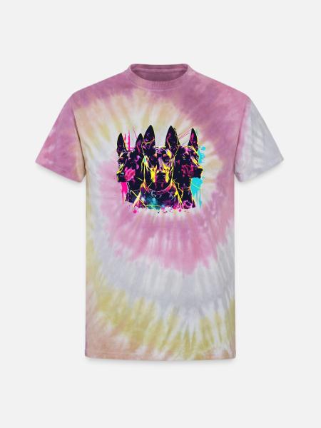 Neon Doberman Trio Splash - Unisex Tie Dye T-Shirt - Desert Rose