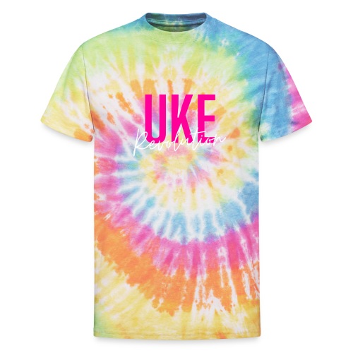 Front & Back Pink Uke Revolution + Get Your Uke On - Unisex Tie Dye T-Shirt