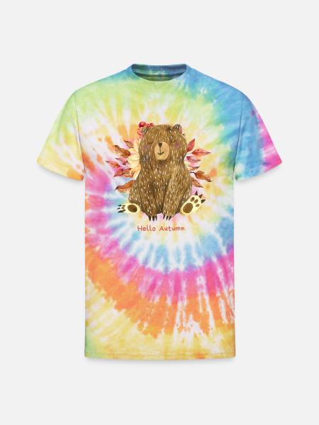 Hello Autumn with Bear - Unisex Tie Dye T-Shirt - rainbow