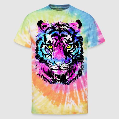 Neon Pink Tiger Head Portrait Drawing - Blue Tiger - Unisex Tie Dye T-Shirt
